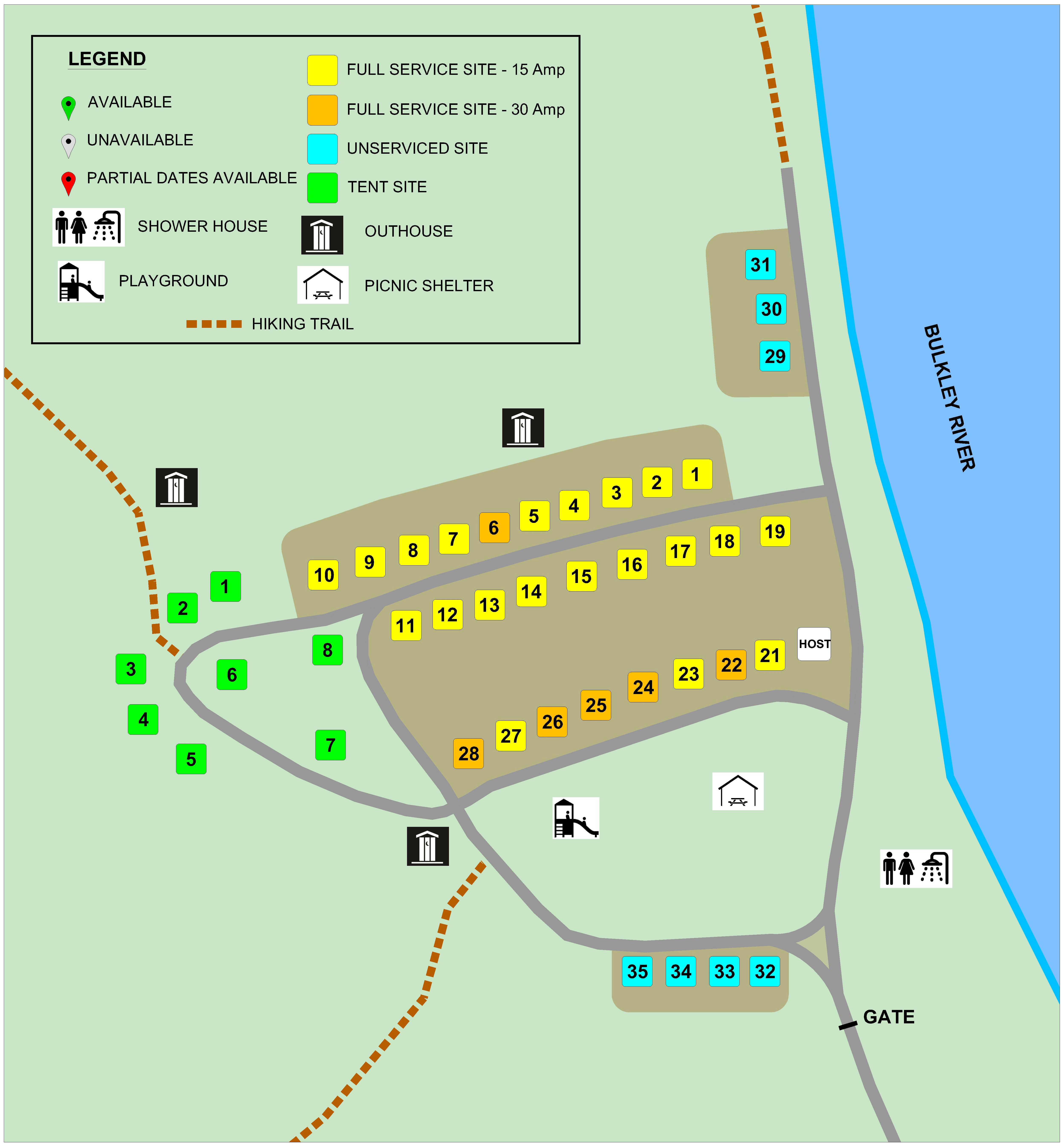Map of all sites located at the Riverside Municipal Campground